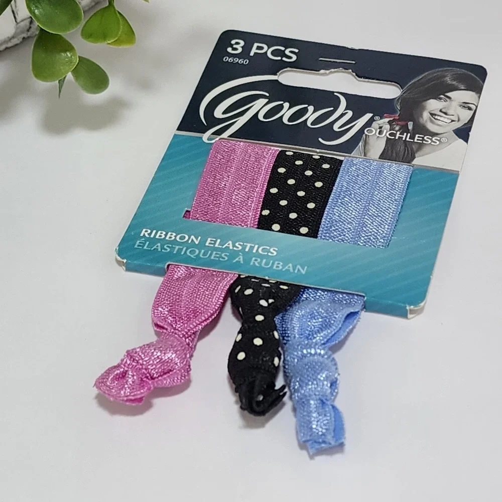 Goody Ouchless Ponytailers Ribbon Elastic Hair Tie 3 PCS Polka Black Blue Pink